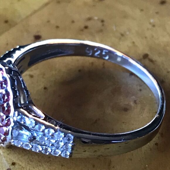 Natural Red Sapphire Yellow Zircon Sterling Silver Halo Ring Size 9 - Picture 7 of 9